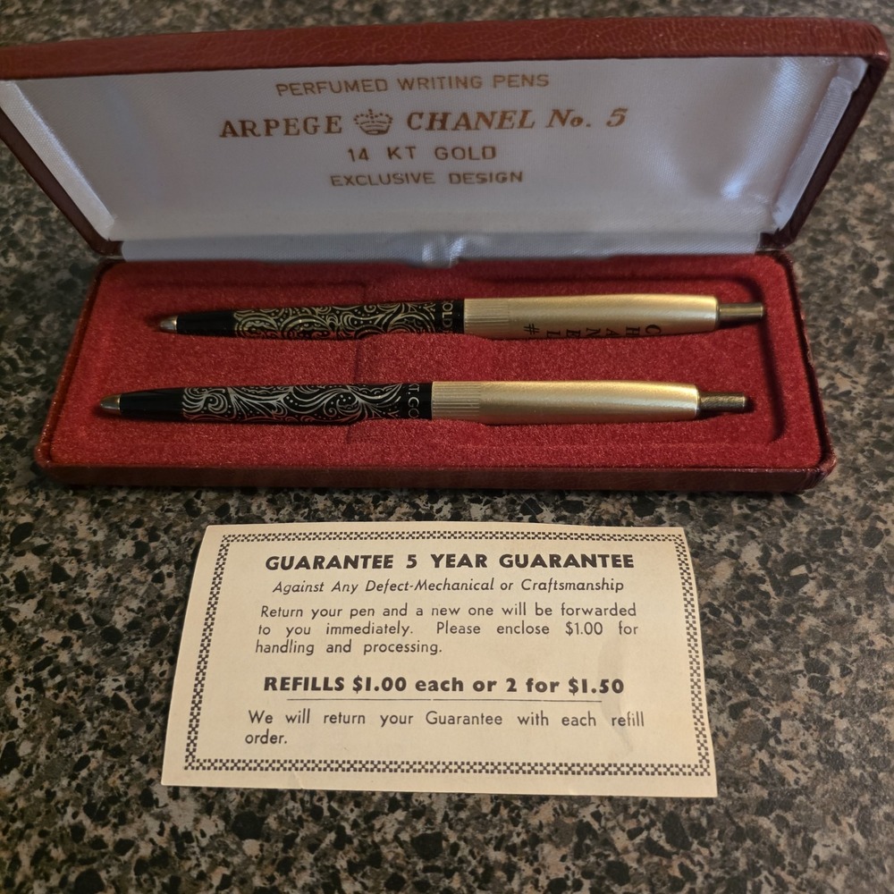 Vintage Chanel No 5 Arpege 14 KT Gold Filigree Perfumed Ballpoint Pen Set 2 Pc